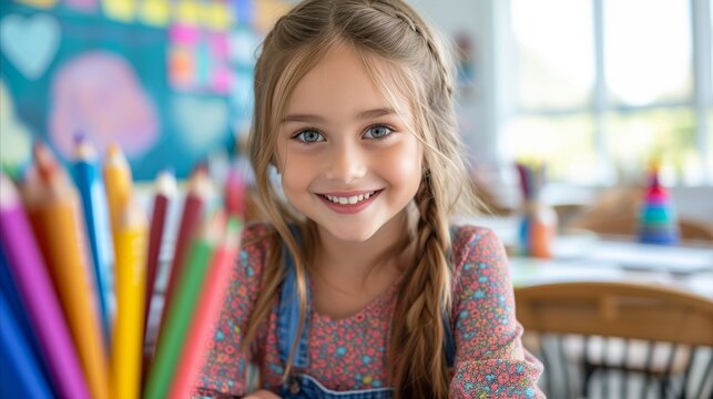 Little Girl at Table With Colored Pencils