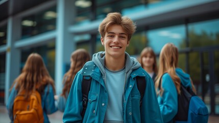 Smiling Teenage Boy With Friends at School During Daytime