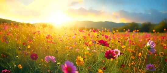 The sky is filled with happy clouds as the sun shines on a natural landscape of flowers, painting an artistic scene with petals, grass, and people enjoying nature.