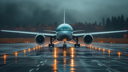 Commercial Airplane on Rainy Runway at Dusk - Powered by Adobe