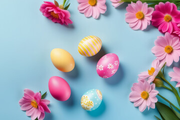 Fototapeta na wymiar Colorful Easter eggs and blooming pink flowers on light blue background.
