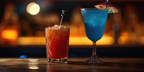 A colorful Blue Lagoon cocktail on the right with a vibrant backdrop, ideal for a bar's summer drink promotion Or menu 