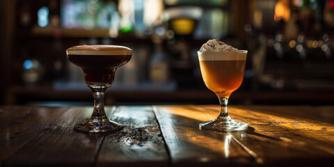 Espresso martini and a beer-based cocktail on a bar, ideal for trendy bar offerings, cocktail hour features or bar menu 