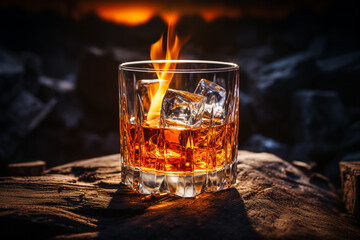 Whiskey, scotch, cognac, brandy, booze ice cube coctail liquor rum drinking high alcohol irish nightclub spirit glass. banner copy space poster background