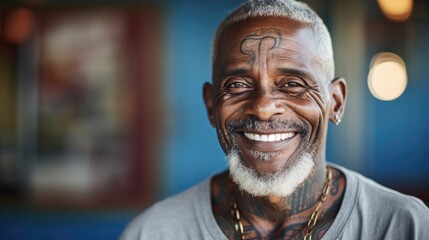 adult Hispanic, African American, man with gray hair and tattoo smiling. drawing on the skin. average age