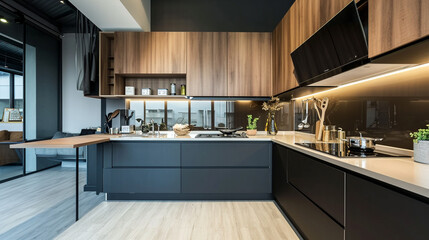 Interior design decor showing modern kitchen and appliances in luxury . Generative Ai