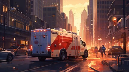 Ambulance Driving Down City Street Next to Tall Buildings - obrazy, fototapety, plakaty
