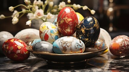 Fototapeta premium Traditional Easter colored eggs. marble, iridescent, multi-colored, stylish design.