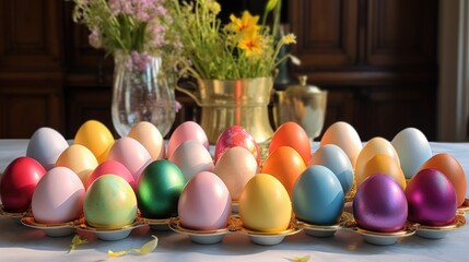 Fototapeta na wymiar Traditional Easter colored eggs. The table is set for the holiday in colorful tones. napkin and plate with treats.