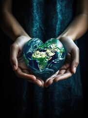 hands holding Heart shaped planet earth icon. Save the world. Eco friendly environmental message. Love.
