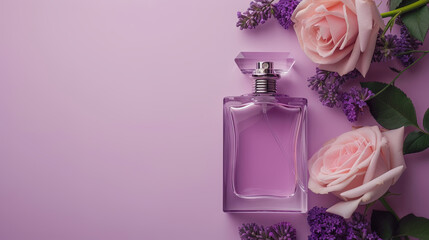 Obraz na płótnie Canvas Fragrant perfume with purple roses on lilac background top view
