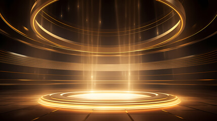 Luxurious and futuristic golden empty stage, golden particles background in stage shape