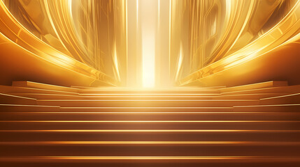 Luxurious and futuristic golden empty stage, golden particles background in stage shape