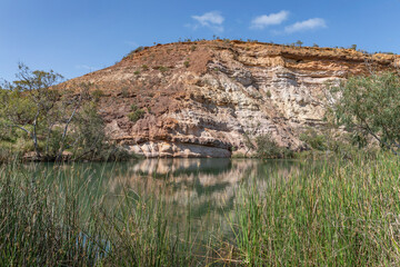 Ellendale Pool (about 50km SE of Geraldton) with tall rocks reflected in pool and reeds in foreground - Ellendale, Western Australia
- camping area on Greenough River