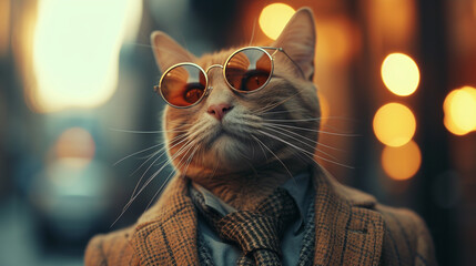 A cat wearing sunglasses and a suit with a tie. stylish animal posing as supermodel, Fashion cat in shades. Generative AI image