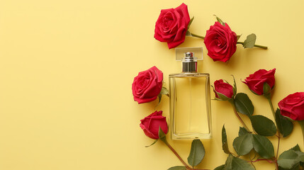 Fragrant perfume with red roses on isolated yellow background