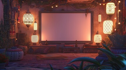 A bohemian TV hall with an empty canvas frame surrounded by eclectic decor, lit by the warm, soft light of multiple patterned lanterns.