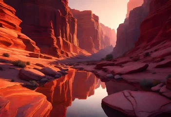 Foto op Canvas A canyon at sunset, with the rocks reflecting shades of red and gold © Shahla