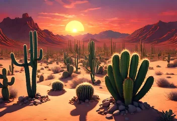 Foto op Canvas A desert landscape with cacti and a brilliant sunset. © Shahla