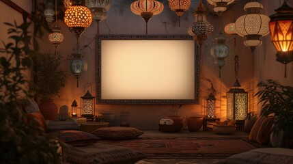 A bohemian TV hall with an empty canvas frame surrounded by eclectic decor, lit by the warm, soft light of multiple patterned lanterns.