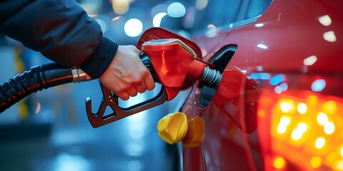 Close-up of man refueling car with gasoline at gas station - obrazy, fototapety, plakaty