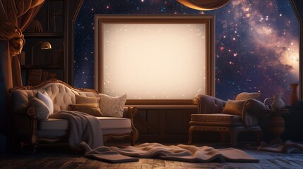 A celestial living room with an empty canvas frame, a cozy sofa, and a comfortable chair, illuminated by the shimmering light of distant stars.