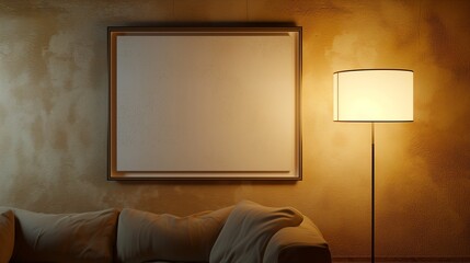A cozy TV hall featuring an empty canvas frame on a warm, beige wall, the frame is highlighted by the soft, diffused light from a floor-standing lamp.