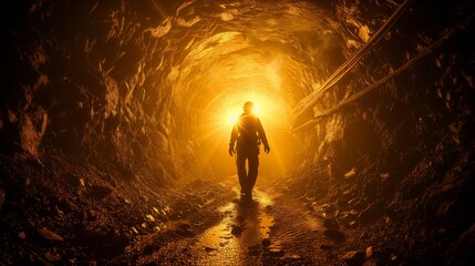 Silhouetted Miner Exiting a Dimly Lit Mine Shaft at Dusk - obrazy, fototapety, plakaty