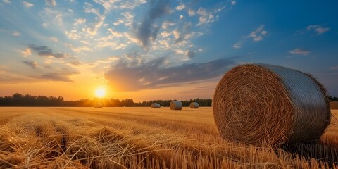 Agricultural landscape with straw bales in the field at sunset - obrazy, fototapety, plakaty