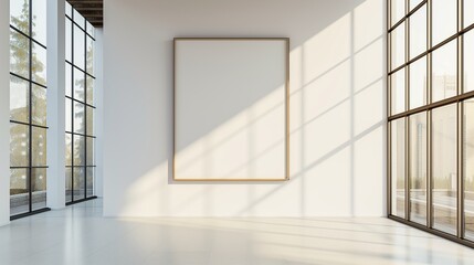 A minimalist TV hall with a large empty canvas frame on a pristine white wall, accentuated by the natural light streaming in from large windows.
