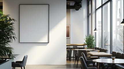 A modern coffee shop with minimalist decor, showcasing an empty canvas frame on a clean, white wall, highlighted by the soft, natural light from large windows.