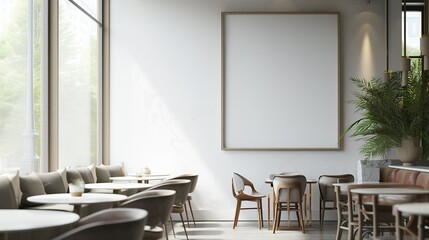 A modern coffee shop with minimalist decor, showcasing an empty canvas frame on a clean, white wall, highlighted by the soft, natural light from large windows.