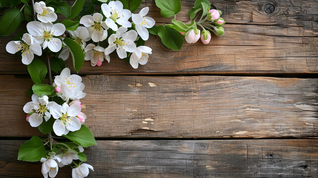Branch of a blossoming apple tree on a wooden background