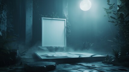 A mystical bedroom with an empty canvas frame, bathed in the soft glow of moonlight, and surrounded by ethereal mist.