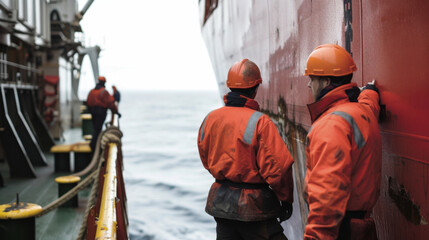 An inspection team boards a cargo ship to ensure that it meets the required emissions standards a necessary measure to maintain the health of our oceans.