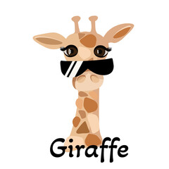 Giraffe with brown spots and sunglasses. Big, cute eyes. Modern, funny print with giraffe for clothes.