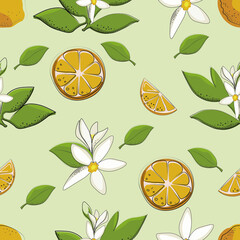 Seamless pattern lemons leaves flowers on a green background . Fashionable print for clothing and fabric in general. Print for textile industry 