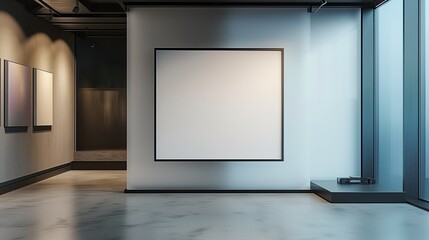 A sleek, high-tech TV hall with a minimalist design, where an empty canvas frame is set against a backlit, frosted glass wall, creating a subtle, modern ambiance.