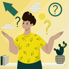 Question. Guy asking a question. Make a decision. Guy in a yellow T-shirk . Ask a question