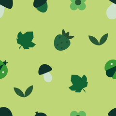 seamless pattern with green: berries, mushrooms, flowers, leaves, acorns, beetles