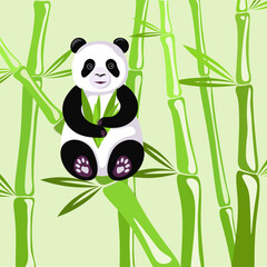 Cute panda and bamboo on a green wallpaper, panda is eating bamboo leaves, cute and funny panda, cute animal.