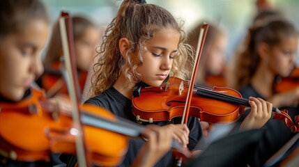 Group of Young Girls Playing Violin Together