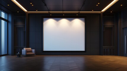 A spacious TV hall with a large, empty plain canvas frame on a sleek, dark wall, illuminated by recessed ceiling lights creating a soft, inviting ambiance. - obrazy, fototapety, plakaty