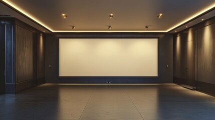 A spacious TV hall with a large, empty plain canvas frame on a sleek, dark wall, illuminated by recessed ceiling lights creating a soft, inviting ambiance.