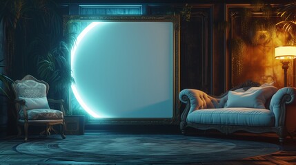 A surreal living room with an empty canvas frame, a stylish sofa, and an elegant chair, illuminated by the soft glow of a mystical portal.