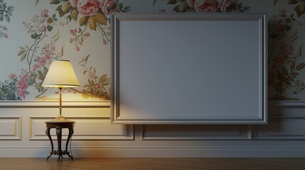 A traditional TV hall with an empty canvas frame against a wall with elegant floral wallpaper, lit by the classic charm of an antique table lamp.