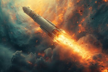 A fiery rocket pierces through the vast expanse of the universe, leaving a trail of heat as it soars through the clouds of outer space