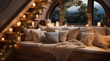 Fototapeta premium Hidden Reading Nook Under the Stairs with Fairy Lights
