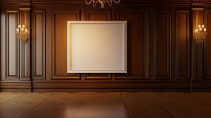 An elegant TV hall with an empty plain canvas frame against a wall with classic wood paneling, illuminated by the gentle light of a vintage chandelier.