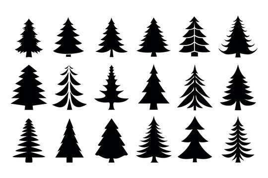 Set of Christmas trees icons. Black silhouettes, isolated on white background. Vector